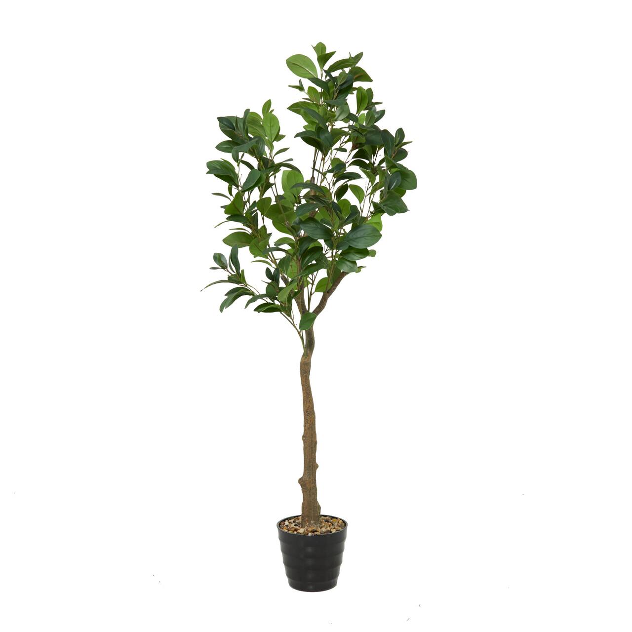 59" Green Faux Foliage Indoor Outdoor Fig Artificial Tree with Black Melamine Pot